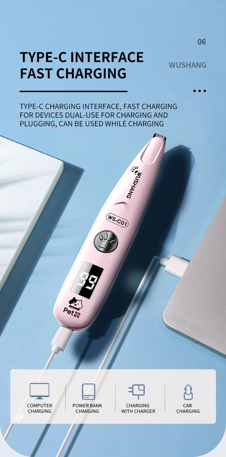 Waterproof Electric Pet Hair Trimmer with LED Light