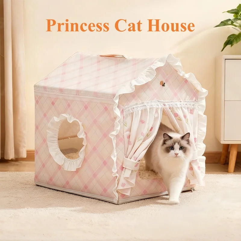 Floral Cat Tent Cave Bed with Washable Mat