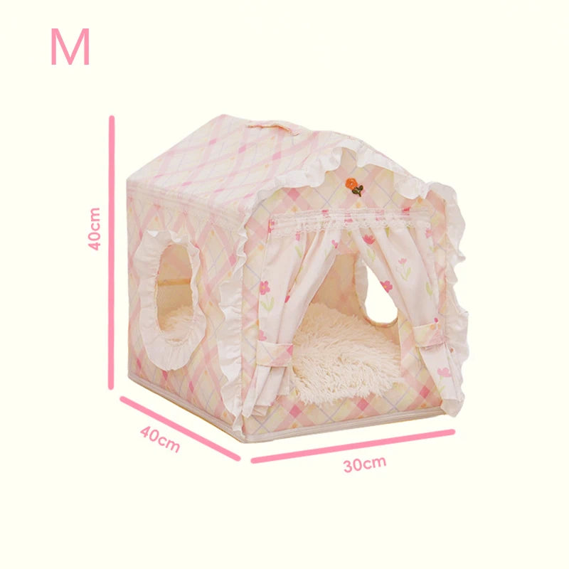 Floral Cat Tent Cave Bed with Washable Mat