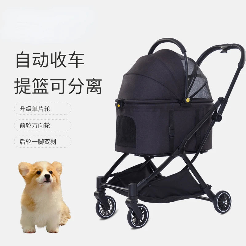 Foldable Four-Wheel Double-Layer Pet Stroller