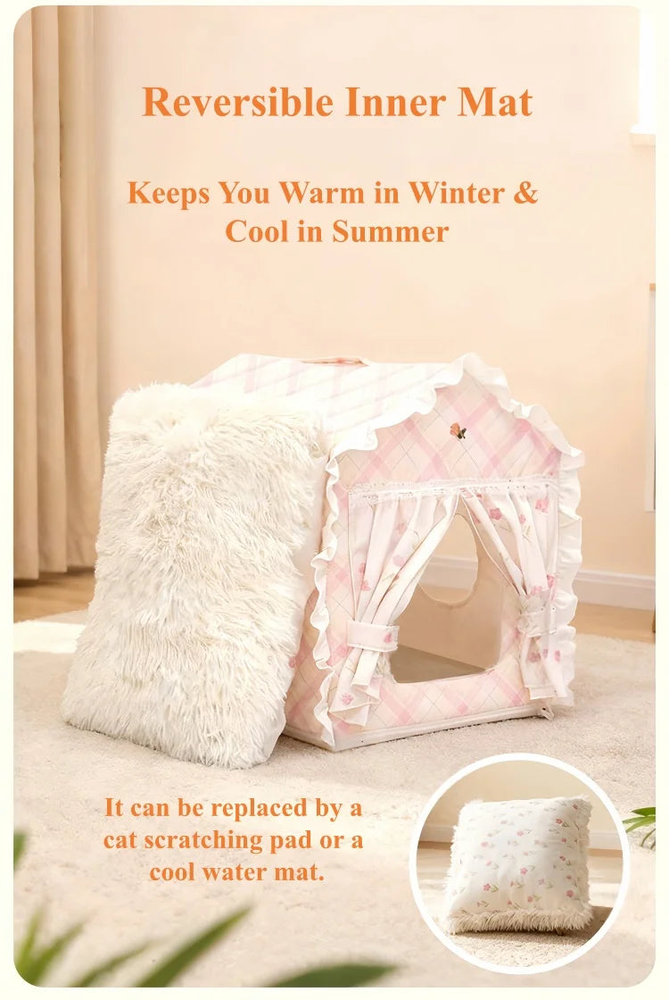 Floral Cat Tent Cave Bed with Washable Mat
