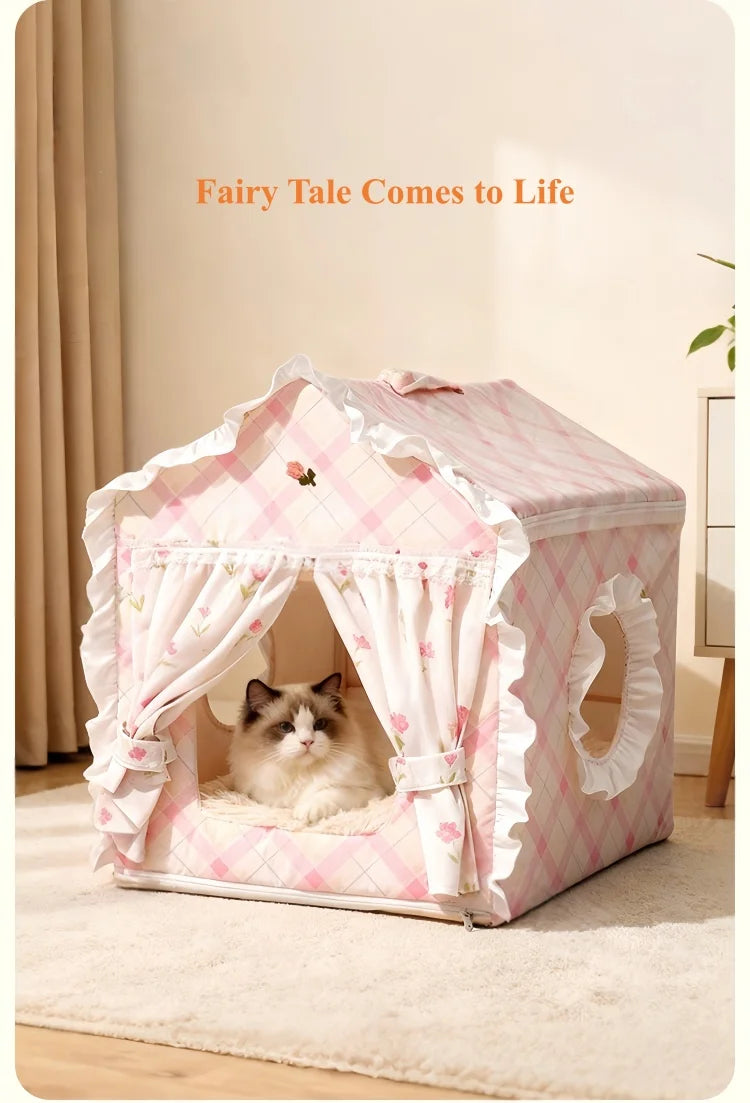 Floral Cat Tent Cave Bed with Washable Mat