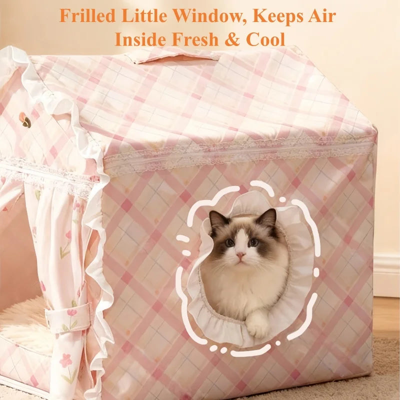 Floral Cat Tent Cave Bed with Washable Mat