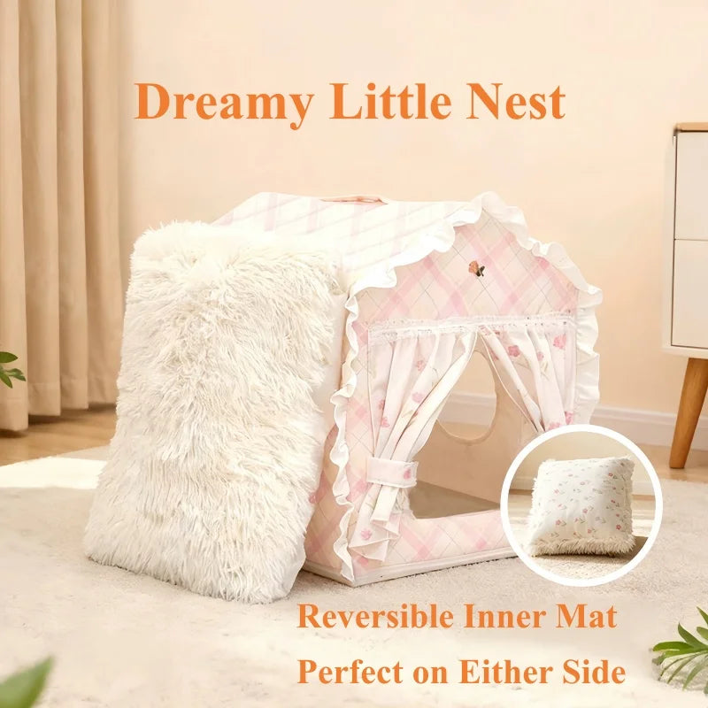 Floral Cat Tent Cave Bed with Washable Mat