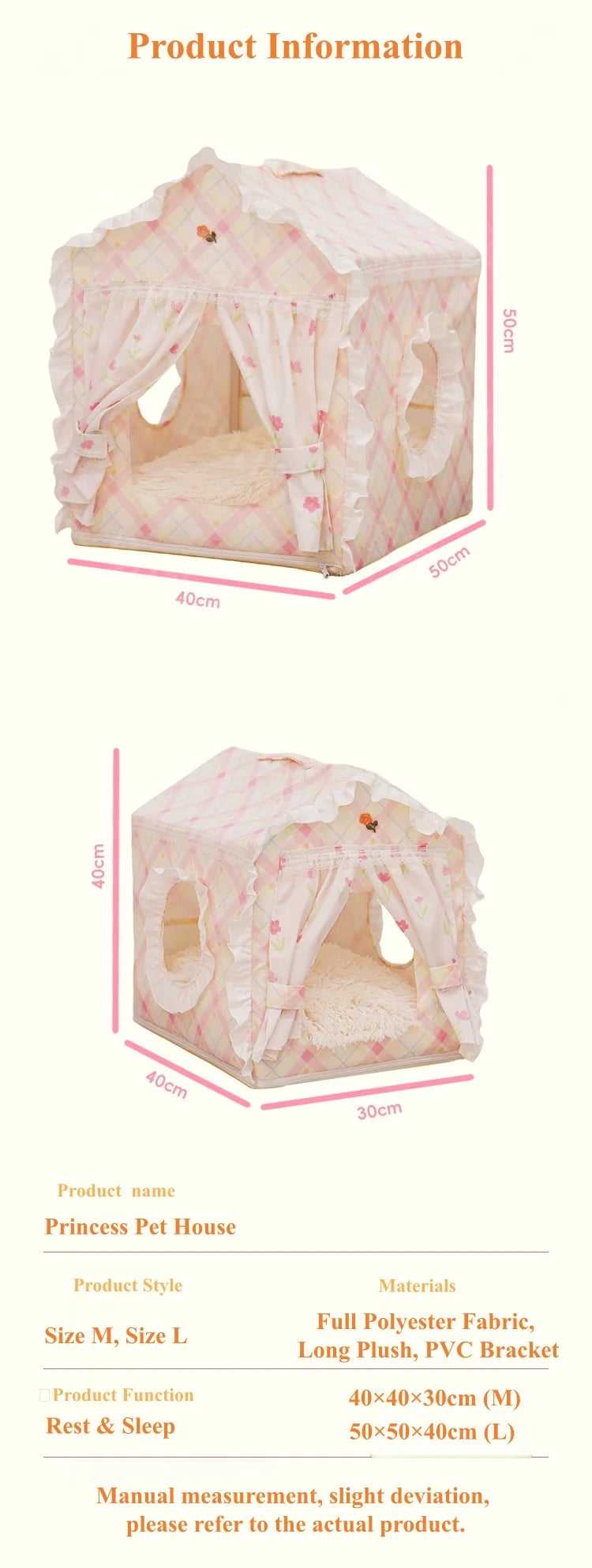 Floral Cat Tent Cave Bed with Washable Mat
