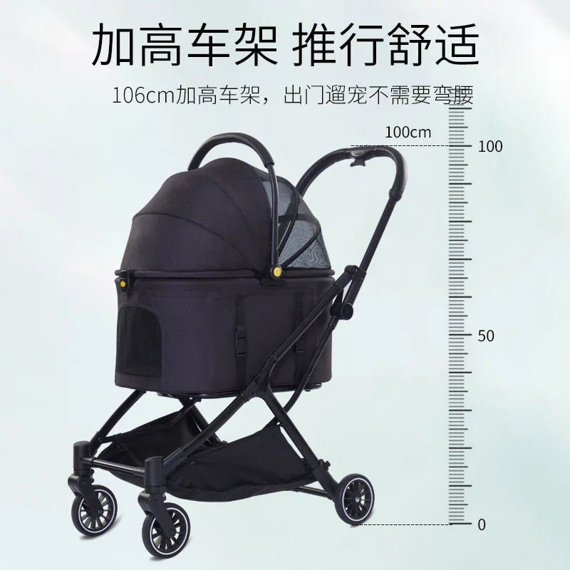 Foldable Four-Wheel Double-Layer Pet Stroller
