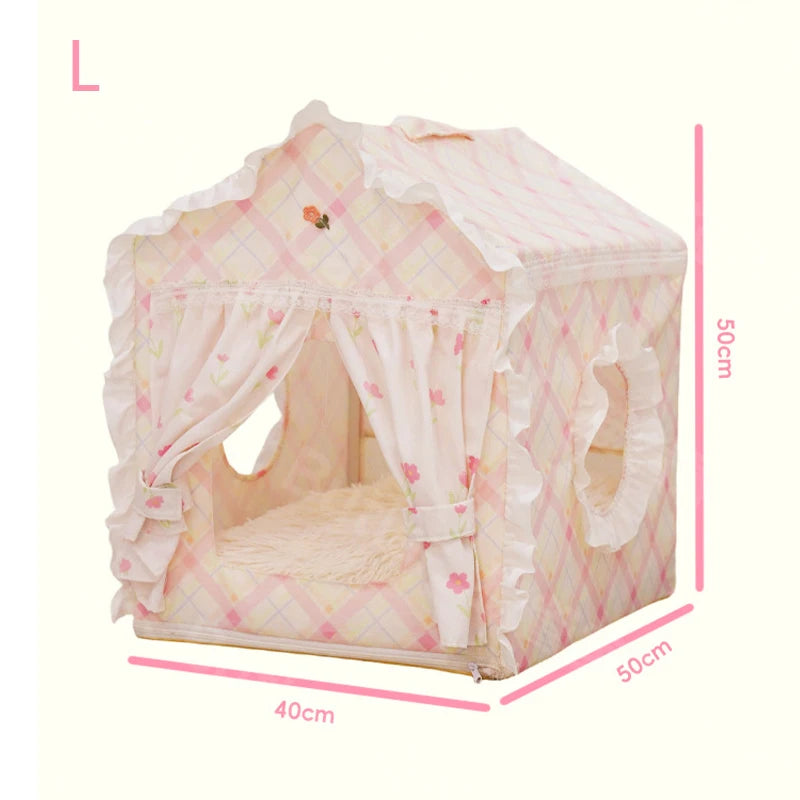 Floral Cat Tent Cave Bed with Washable Mat