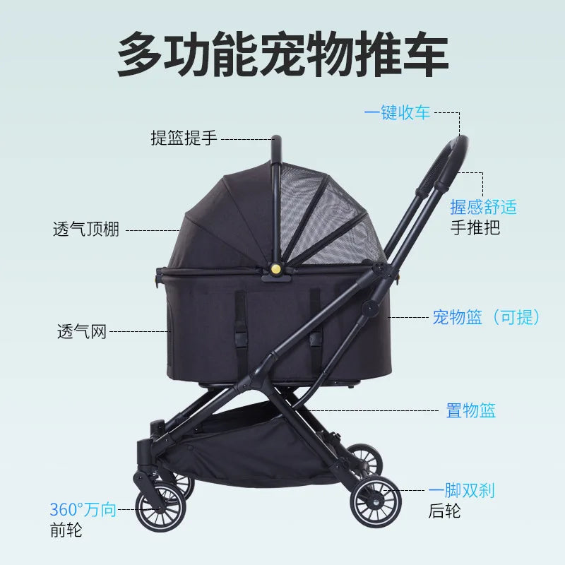 Foldable Four-Wheel Double-Layer Pet Stroller