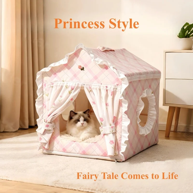 Floral Cat Tent Cave Bed with Washable Mat