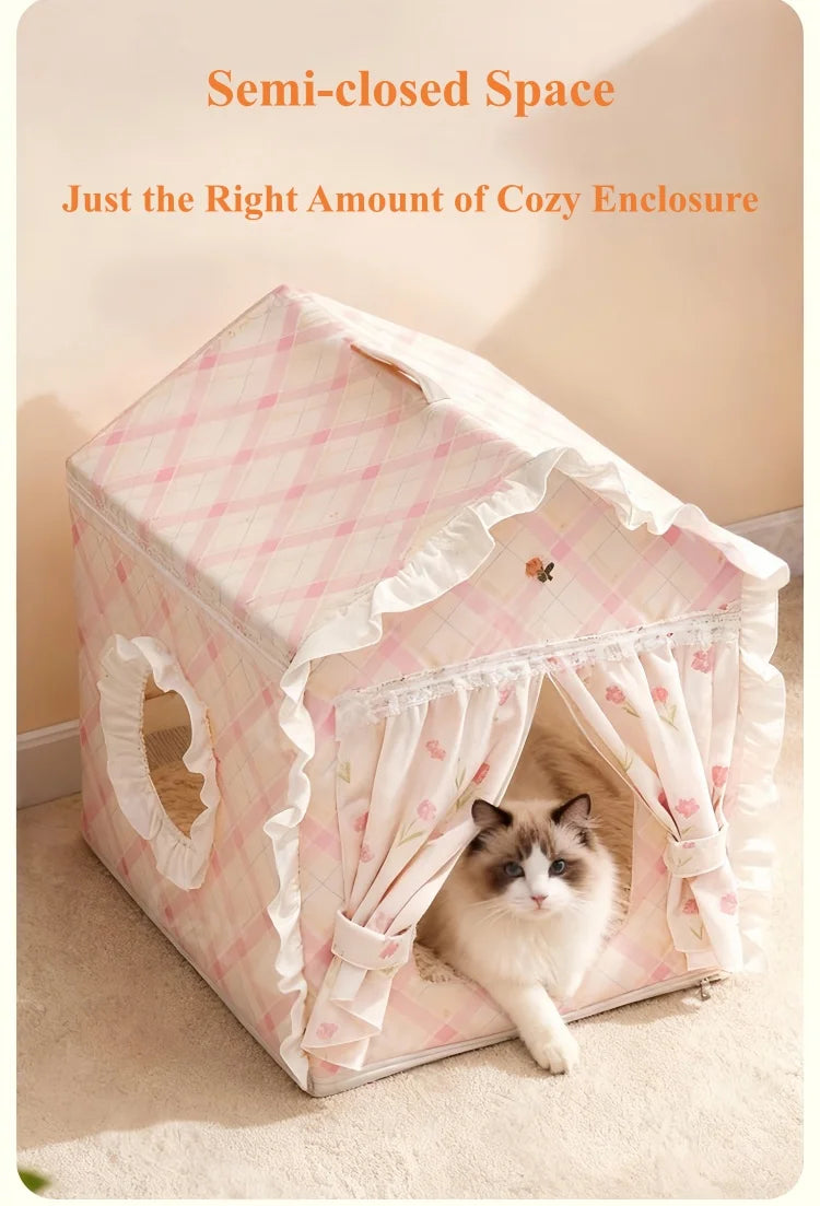 Floral Cat Tent Cave Bed with Washable Mat