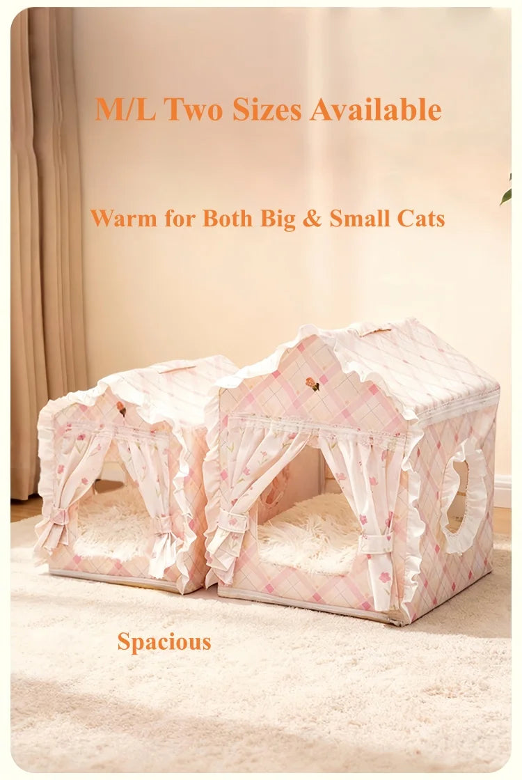Floral Cat Tent Cave Bed with Washable Mat