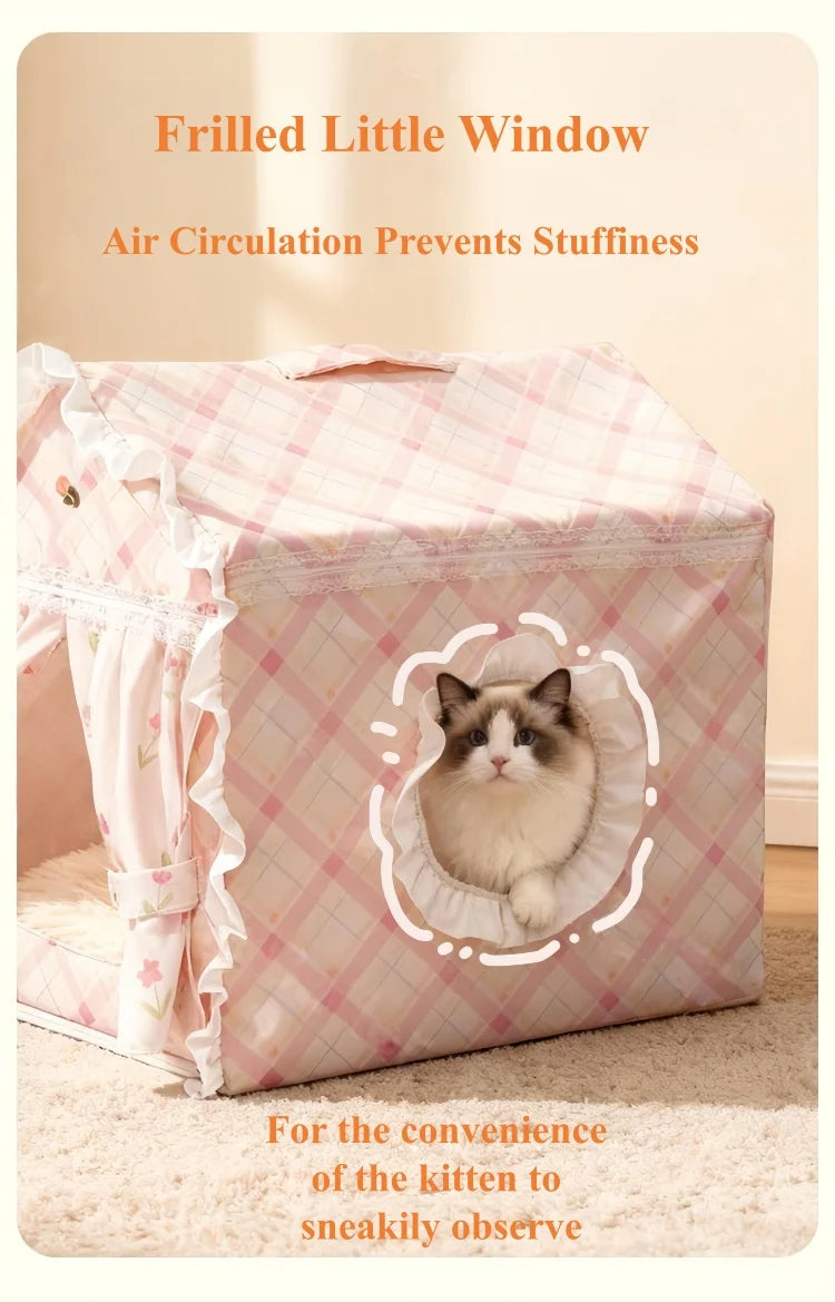 Floral Cat Tent Cave Bed with Washable Mat